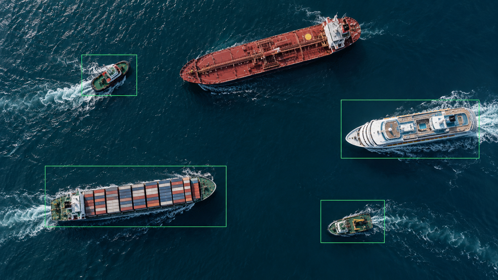 Aerial view of five vessel classes tracked in open water