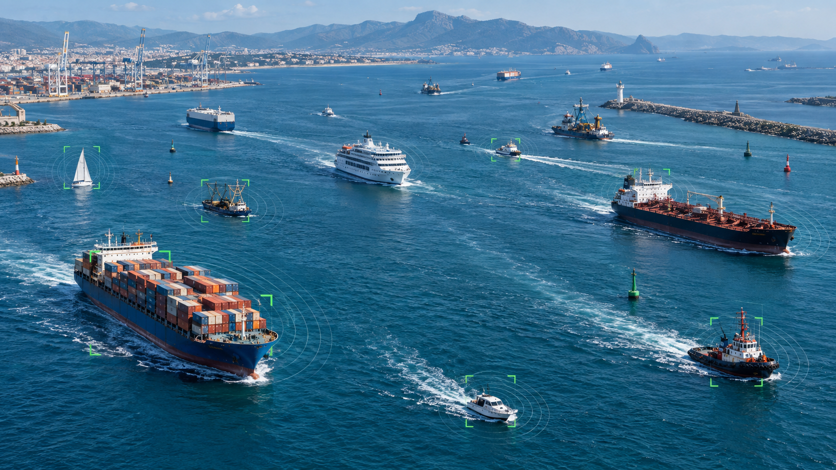 Diverse vessels tracked in a busy coastal shipping channel